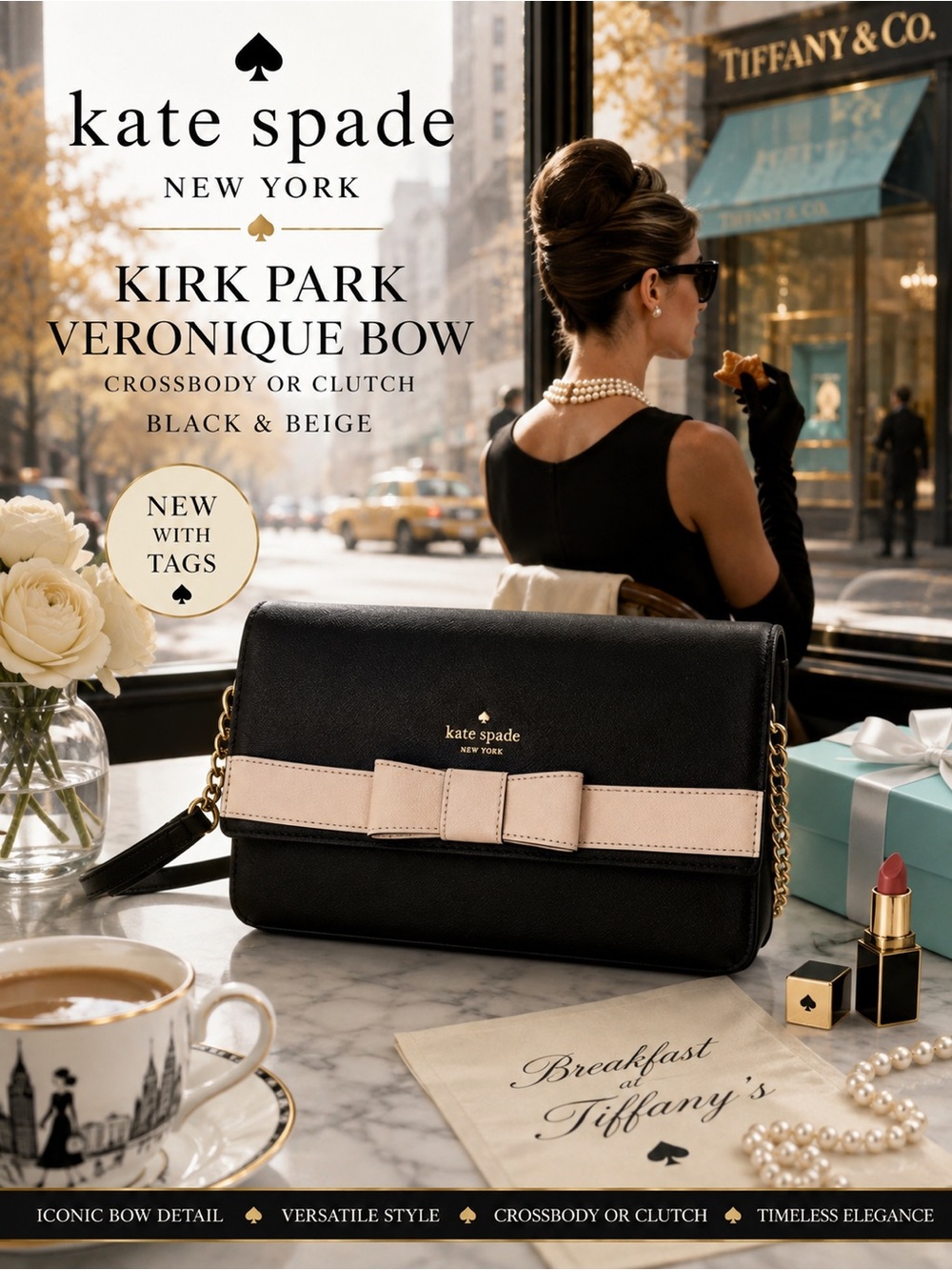 Kate Spade Kirk Park New Veronique Bow Crossbody or Clutch Bag Beige & Black
